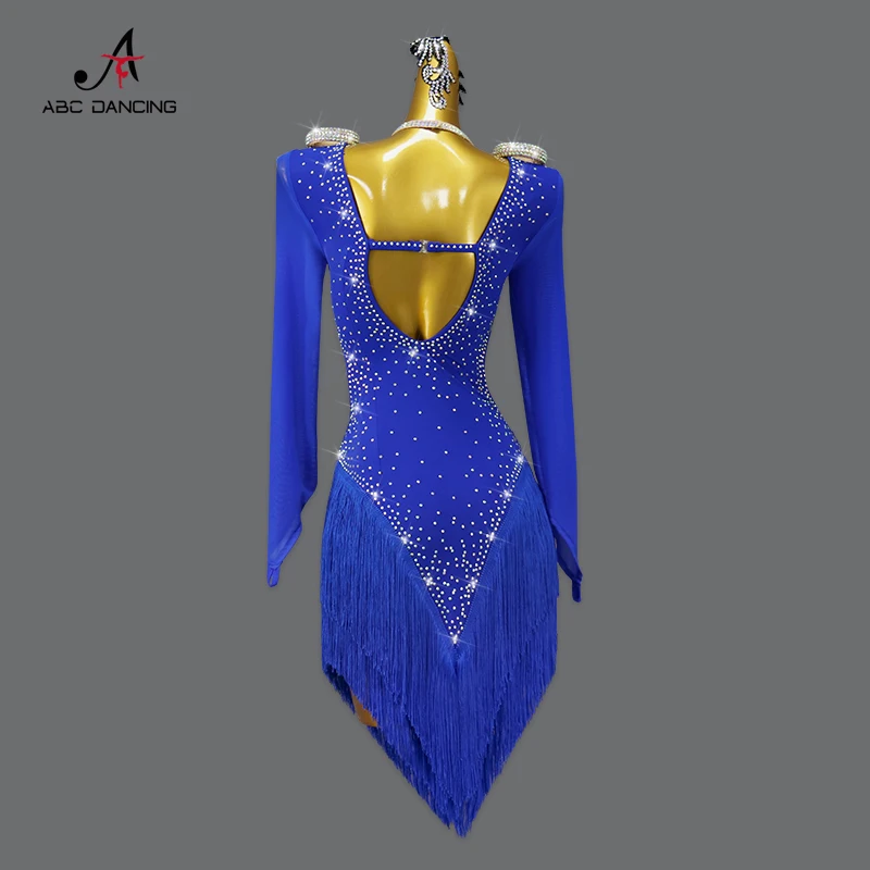 2023 Blue Latin Dance Competition Costume Ball Practice Wear Line Suit gonna corta Cabaret Plus Size abbigliamento donna Dress nappa Nuovi prodotti e serie Personalizzazione Avanzata Abbigliamento da Ballo FashionDance