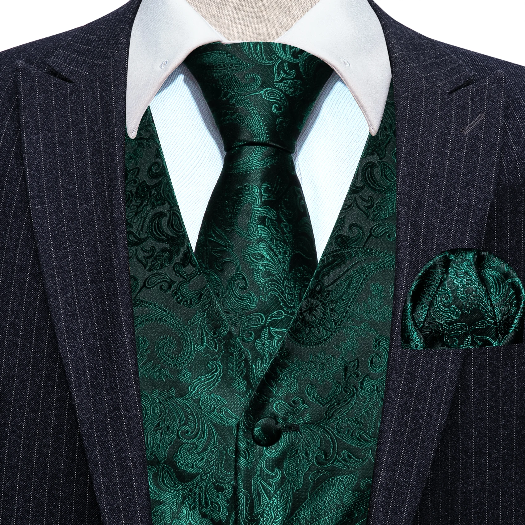 Luxury Mens Vest Suit Green Paisley Flower Slim Fit Male Dress Sleeveless Formal Work Waistcoat Tie Hanky Gilet Barry Wang