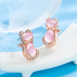 New Cute Pink Crystal Zircon Cat Gold Color Stud Earrings for Women Unique Design 2023 Fashionable Sweet Girl Birthday Gift