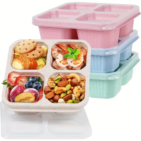 재사용 가능한 BPA 도시락 상자 없음, 튼튼한 식사 준비 용기, 학교 작업 여행용, 뚜껑이 있는 도시락 상자, 4 칸, 3 개