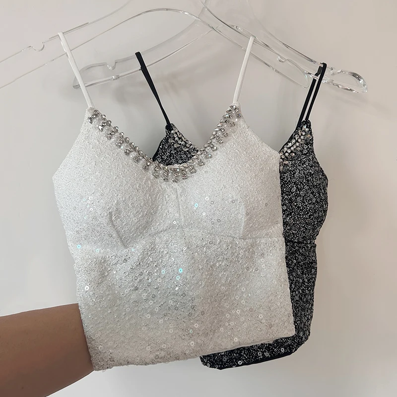 Spring Summer Heavy Embroidery Sequins Beaded Camisoles French Style V-neck One-Piece Bra Beauty Back Inner Wear Outer Wear Vest