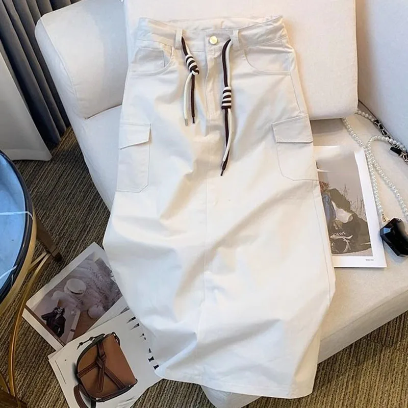 Damska spódnica maxi z wysokim stanem, kieszeniami i rozcięciem, nowość 2026, wiosna-lato, średniej długości, jednolita, duży rozmiar 4XL.