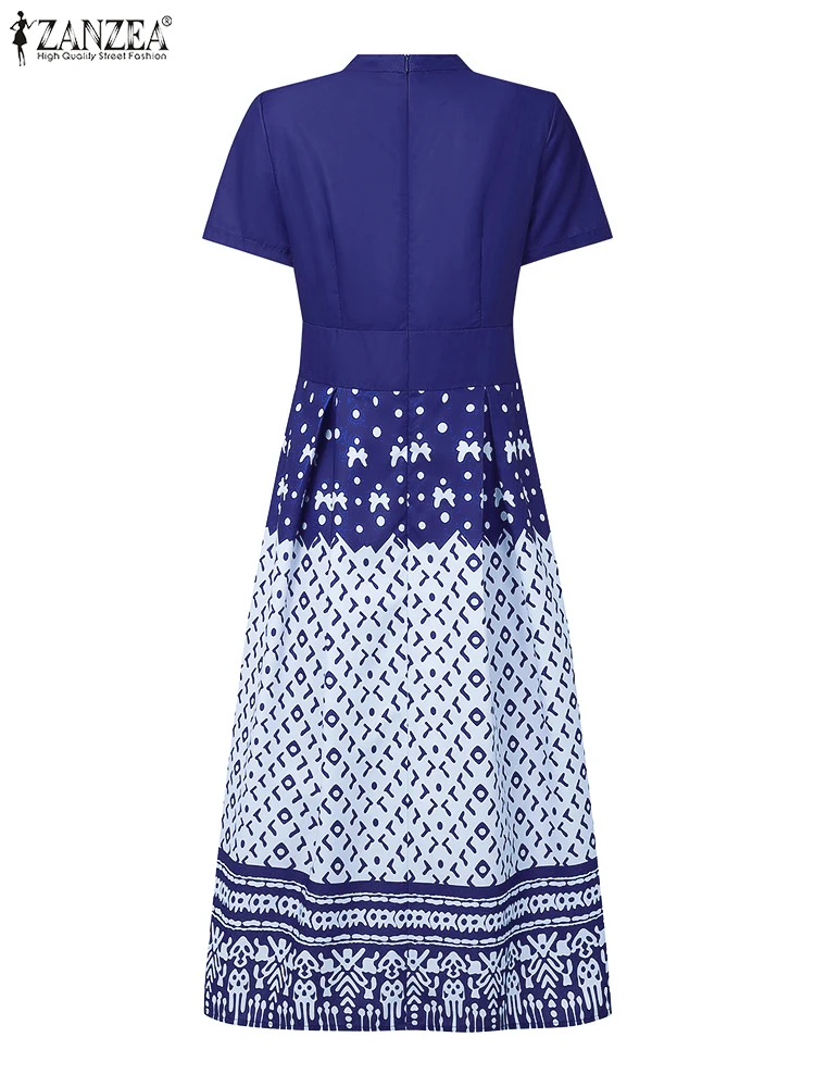 ZANZEA 2025 Estate Vintage Stampa etnica Abiti a-line Donna Moda Manica corta Vita aderente Colletto alla coreana Midi Robes Femme