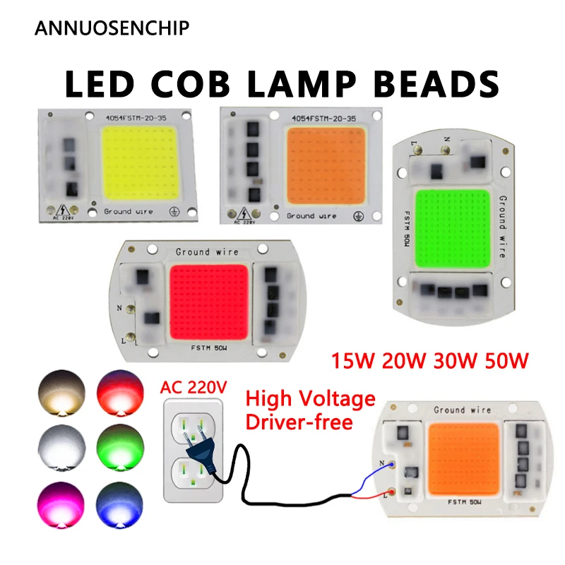 AC 220V LED COB Lamp Beads 10W 20W 30W 50W High Voltage Driver-Free Warm White Full Spectrum Red Green Blue Linear Light Source