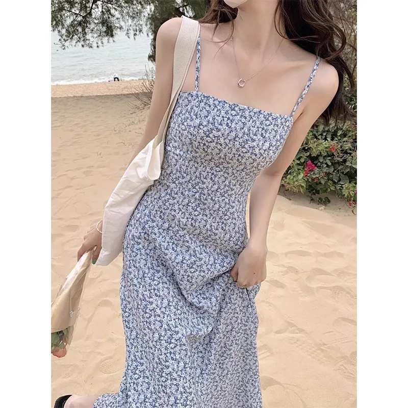 French Retro Floral Comfortable Dress, Fresh And Sweet Seaside Vacation Style, Sleeveless Suspender Long Dress