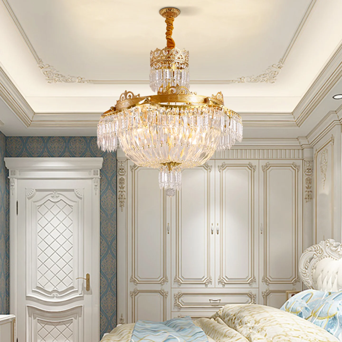 European Villa Living Room Luxury Crystal Decor Chandelier Apartment Dining Room Bedroom Classic Copper Pendant Light