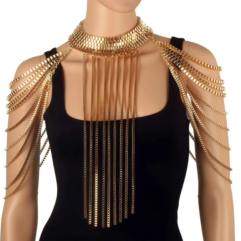 CHRAN Gold Metal Necklace Shoulder Chain Harness Decor Body Chain Jewellry For Women