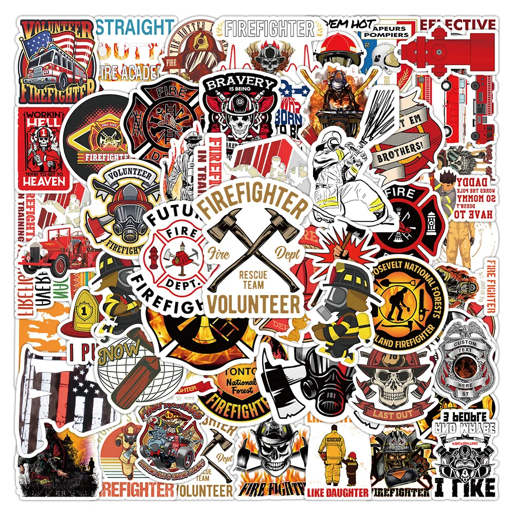 50pcs Fire Hero Firefighter Style Cartoon Stickers Brave Fireman Fire Trucks Decals for Phone Guitar Diary Sticker Kids Toys