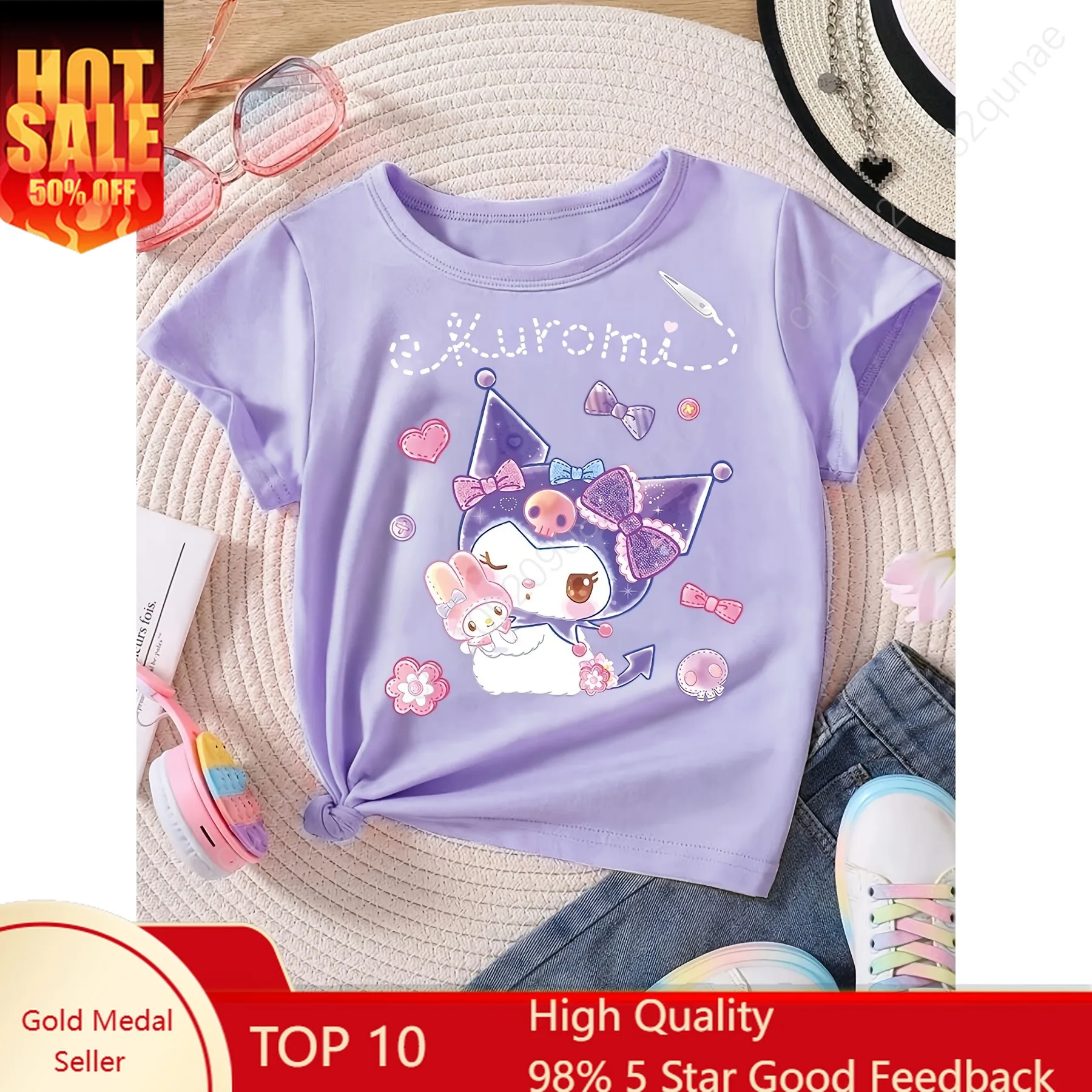 

Kurome and My Elody T-Shirt Casual and Stylish for Girls and Woman Tee Sanrio Mother-Daughter Matching Outfits Short-sleeved