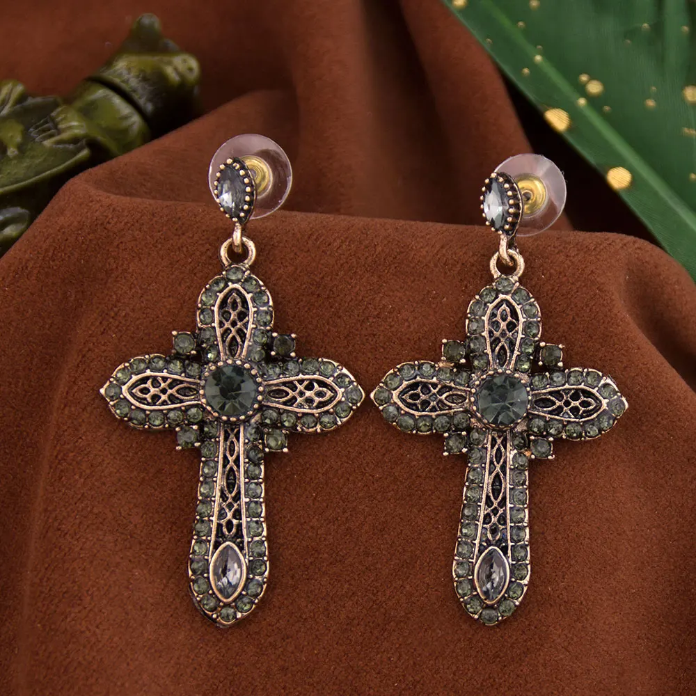 Sunspicems Vintage Turk Cross Earring Long Dangle Earring For Women Antique Gold Color Resin Crystal Multicolor Religion Jewelry