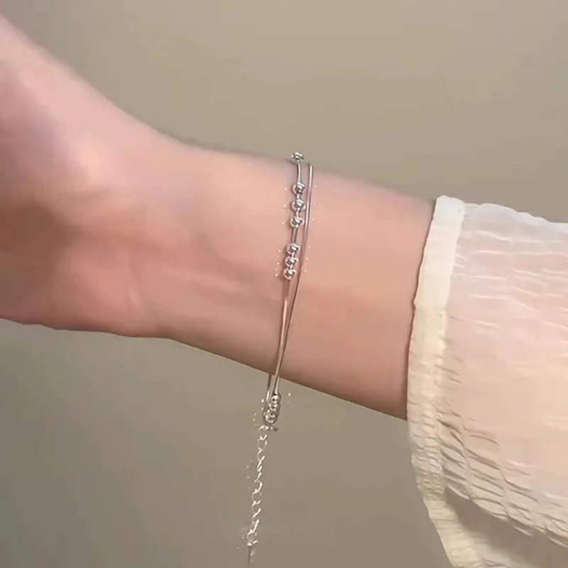 

New 925 Sterling Silver Double-layer Round Bead Bracelet Simple Style Personality Charm Woman Bracelet Gift Exquisite Jewelry