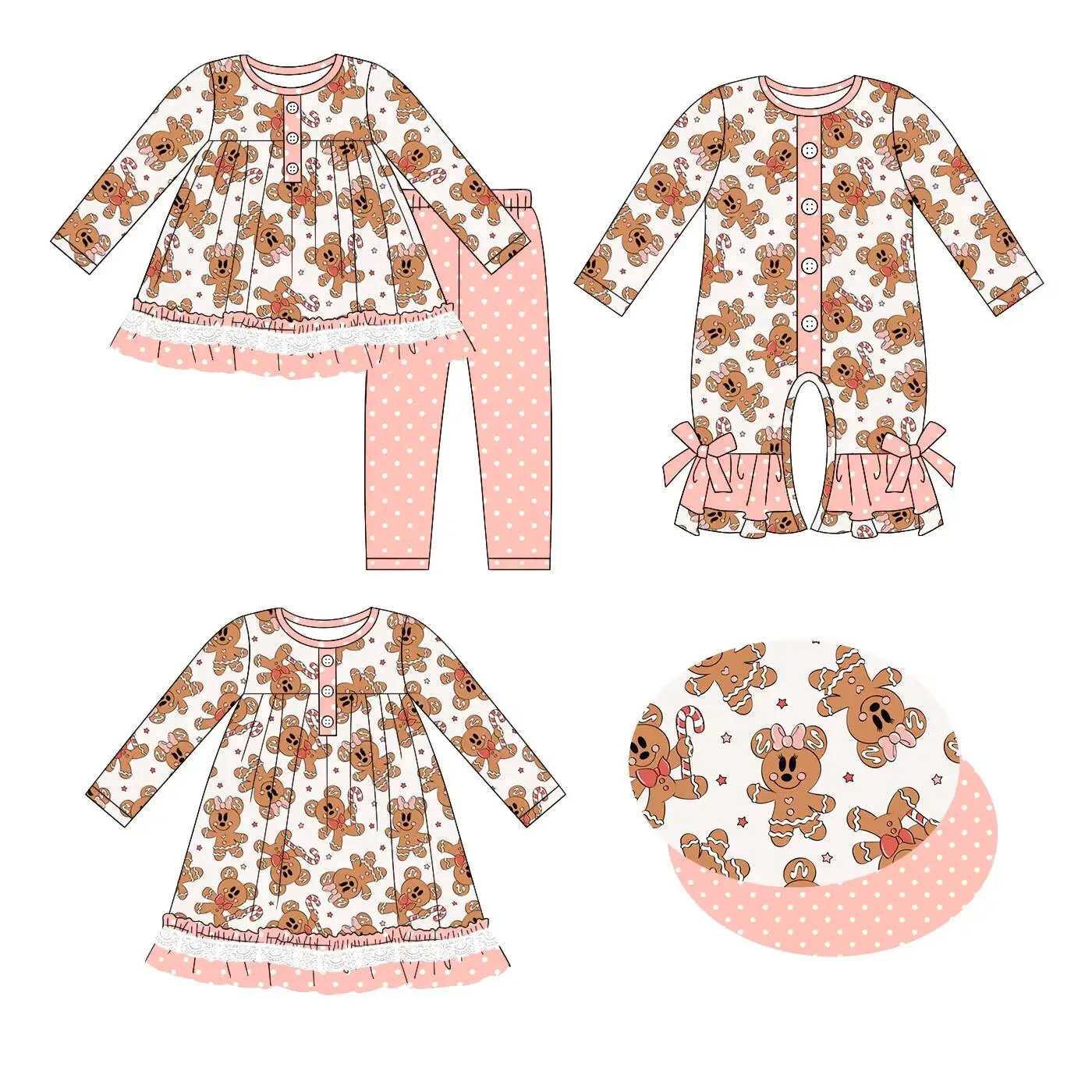 New boutique children's clothing long sleeve button lace gingerbread man print trousers polka dot girl set baby romper dress