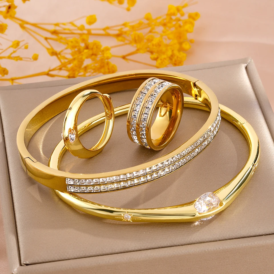ZAKOL 4pcs/set Light Luxury Women’s Jewelry Sparkling Bracelet Ring Set with Rhinestone Waterproof Stainless Steel Jewelry