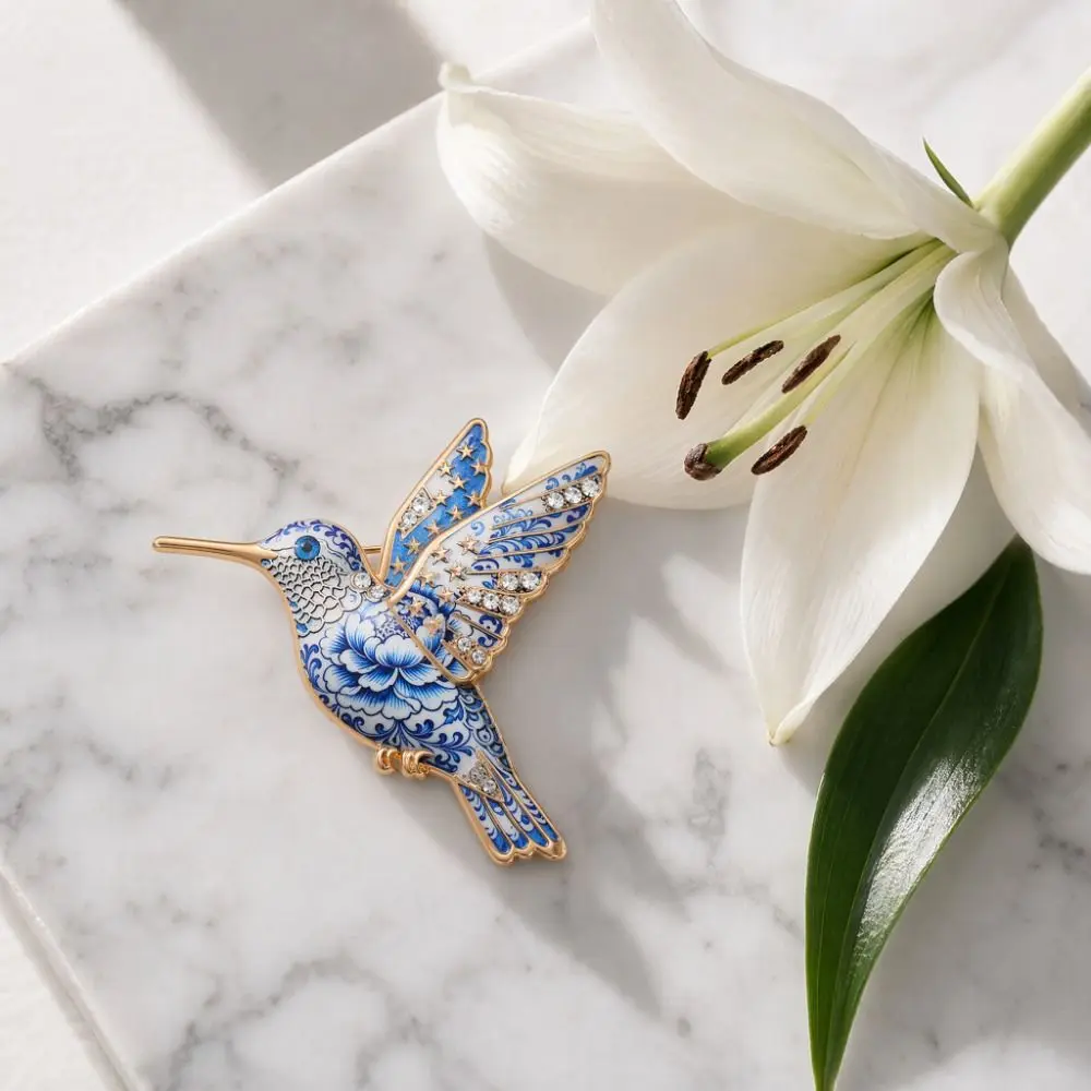 Hummingbird Enamel Flying Dragon Brooch Gothic Chinese Blue Porcelain Chinese Ceramic Lapel Pin Animal