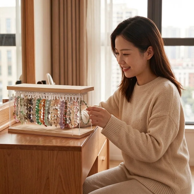 Wooden Bracelet Box Transparent Dustproof Crystal Bracelet Organizers Boxes Multifunctional Desktop Jewelry Displays Boxes
