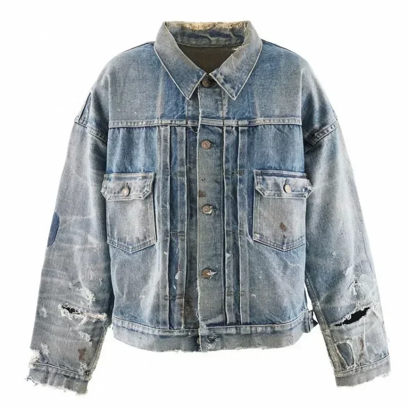 24ss Vintage SAINT MICHAEL Denim Jacket Women 1:1 Top Quality Washed Damaged Jackets Oversized Men Clothing