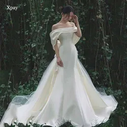 XPAY Elegant Off Shoulder Korea Mermaid Wedding Dresses Backless Satin Vintage Bridal Gown Photos Shoot With Detachable Train