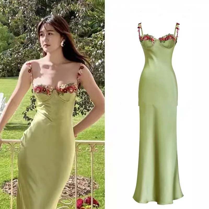 2024 New Sexy Designer Summer Green Satin Holiday Long Dress French Women Spaghetti Strap Embroidery Flower Backless Slim Robe