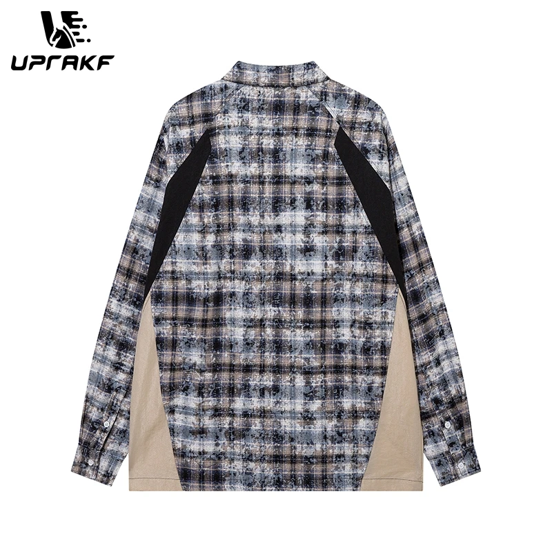 UPRAKF Streetwear Contrast Color Paneled Loose Zipper Shirts Autumn Block Patchwork Casual Long Sleeve Lapel Men Special Design