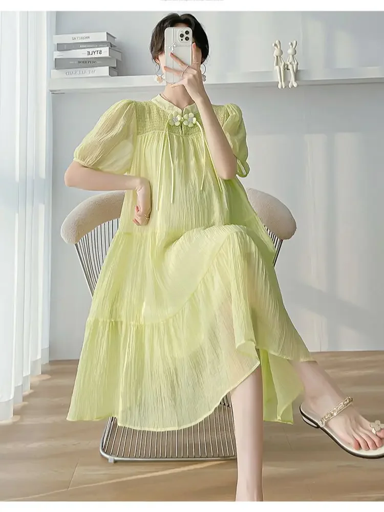 

Korean Style Loose Maternity Chinese Cheongsam Puff Sleeve Sweeet Pregnant Women Chiffon Dress Pregnancy Soft and Light Clothes