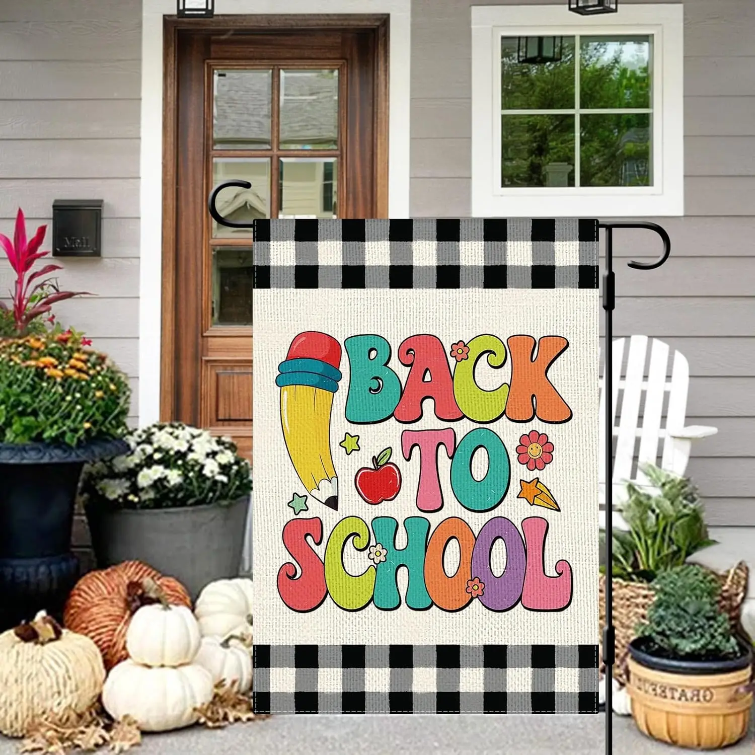 DLZDN Back to School Garden Flag Apple Pencil School First Day Flag 12×18 Inch Double Side Buffalo Plaid Farmhouse Yard Sign UUN