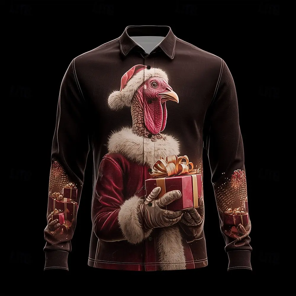 قميص رجالي لامع لامع لعيد الشكر تركيا لعيد الميلاد الخفيف بأزرار لأعلى وأكمام طويلة قمصان مطبوعة ثلاثية الأبعاد #4