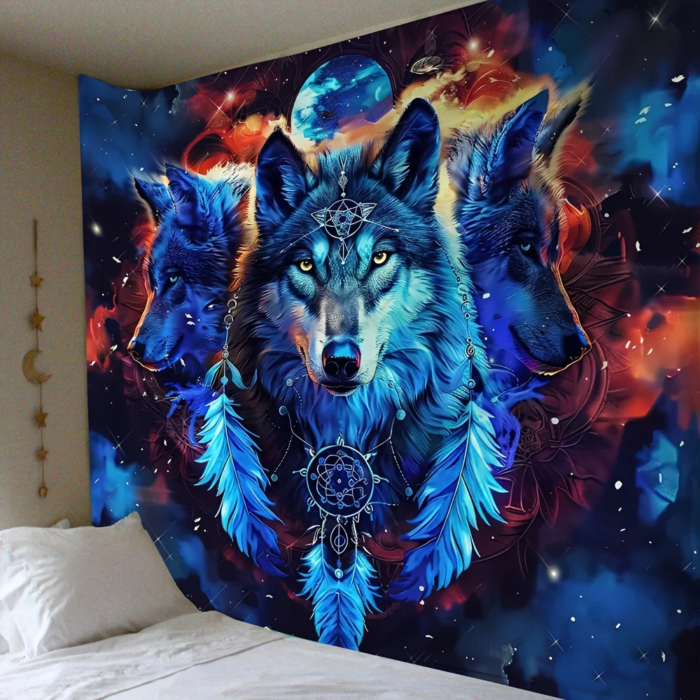 VIKAMA Star Feather Wolf Totem Tapestry Bohemian Style Bedroom Background Meditation Corner Mysterious Theme Decoration