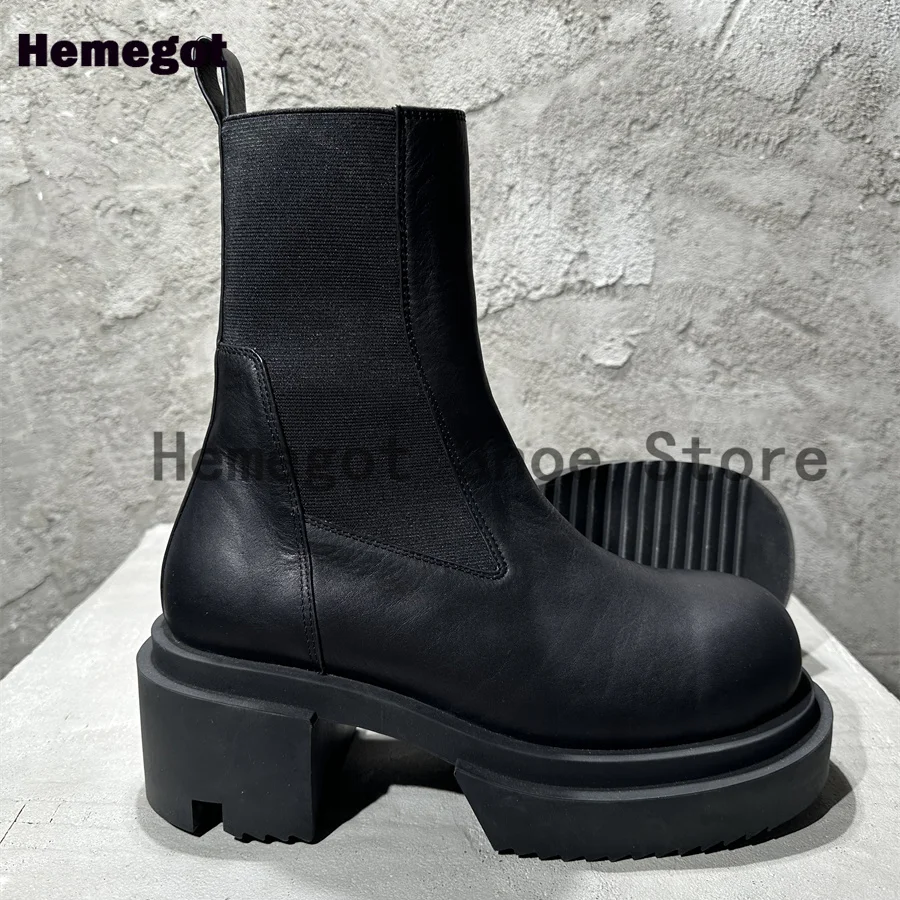 Black Leather Men\'s Boots Thick-Soled Chelsea Boots Novelty Designer High-Top Cowhide Platform Booties Luxury Handmade Men Shoes