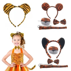 Children Tiger Headband Black Ear Headpiece Cute Animal Halloween Party Wearing Bow Tie Tail Nose 3D Cartoon Short Plush Set