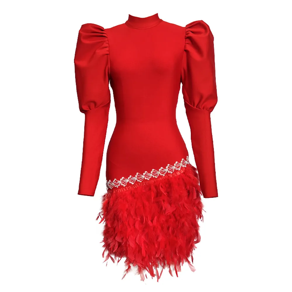 

2024 New Fashion Feathers Bandage Dress Women Sexy Beading Celebrity Party Long Sleeve Clothes