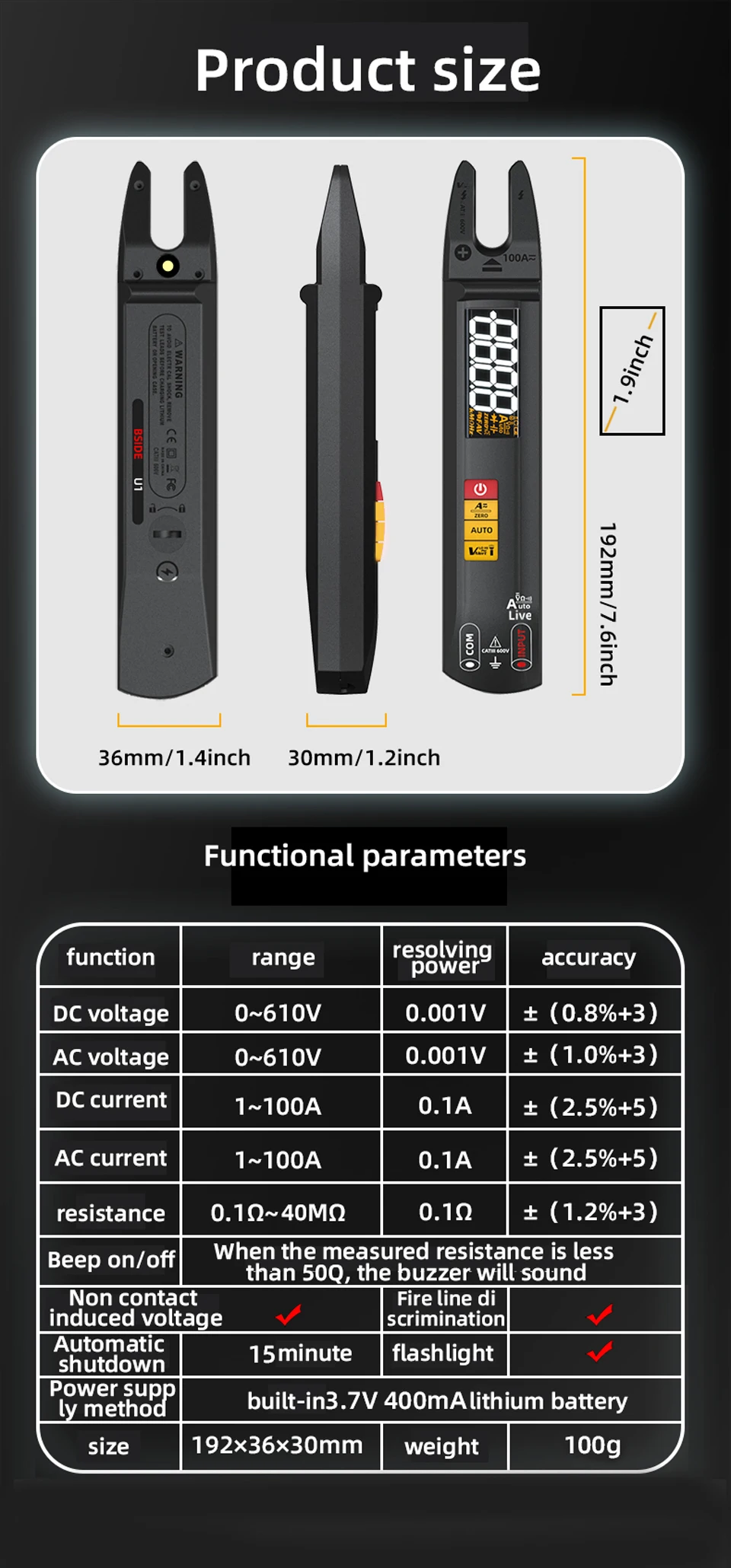 BSIDE U0 Gabelzangenmessgerät Neues Digitales Multimeter DC AC Strom 100A T-RMS OpenJaw Elektrischer Tester Multifunktions-Amperemeter – Detail 11