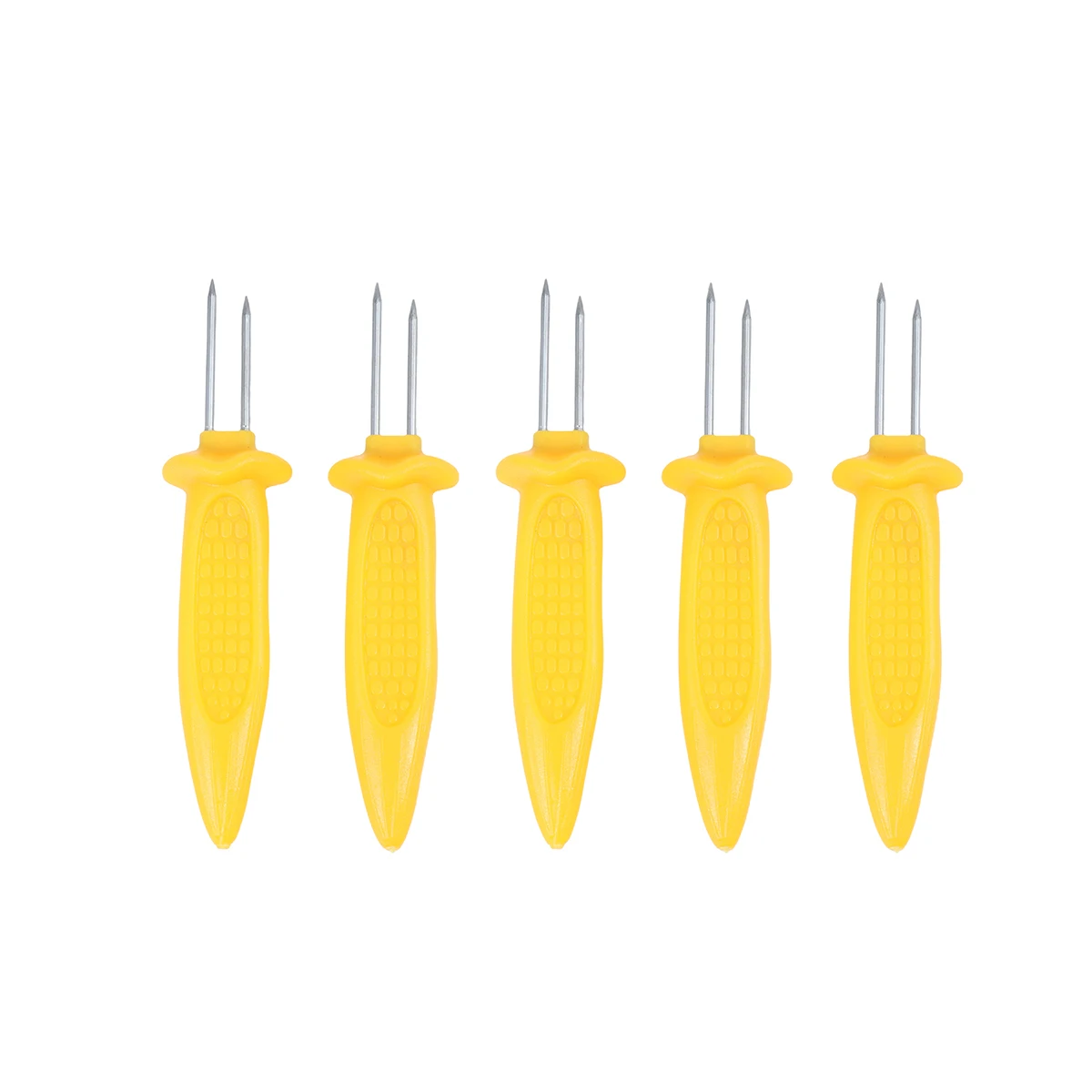 

5 pcs Stainless Steel Corn Shape Handle Barbecue Fork Anti-Rust Meat Vegetable Skewer Bright Yellow Dishwasher Safe Reusable