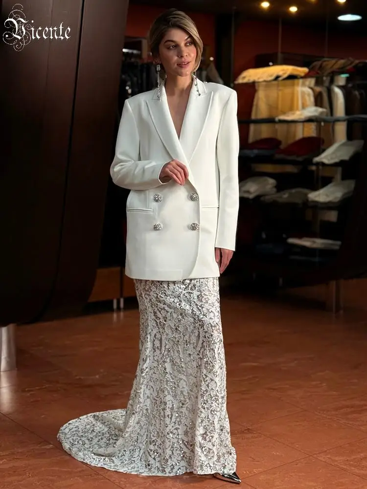 VC Elegant White Double-Breasted Satin Blazer with Sequin Lace Maxi Skirt – Luxury Wedding & Evening Two-Piece Dress Set