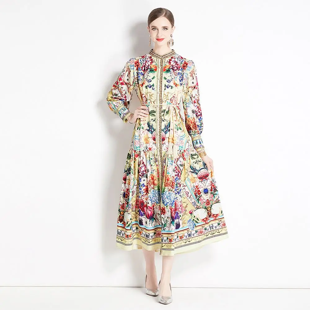 

High Quality Spring Autumn Women Fashion Runway Holiday Long Dress Lantern Sleeve With Belt Floral Print Shirt Dresses M1206