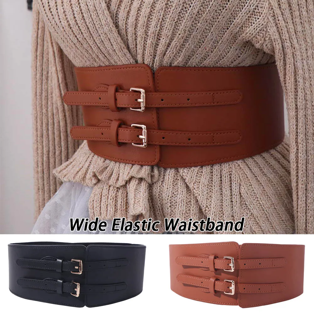 Korset Pinggang Elastis Kulit PU Fashionable, Dapat Disesuaikan, Warna Solid, Pelangsing, Lebar, untuk Wanita