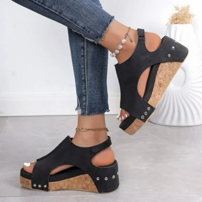 Plus Size 35-43 Shoes for Women Fashion Casual Solid Color Flat Summer Daily Wear Peep Toe Platform Wedge High Heels Sandals