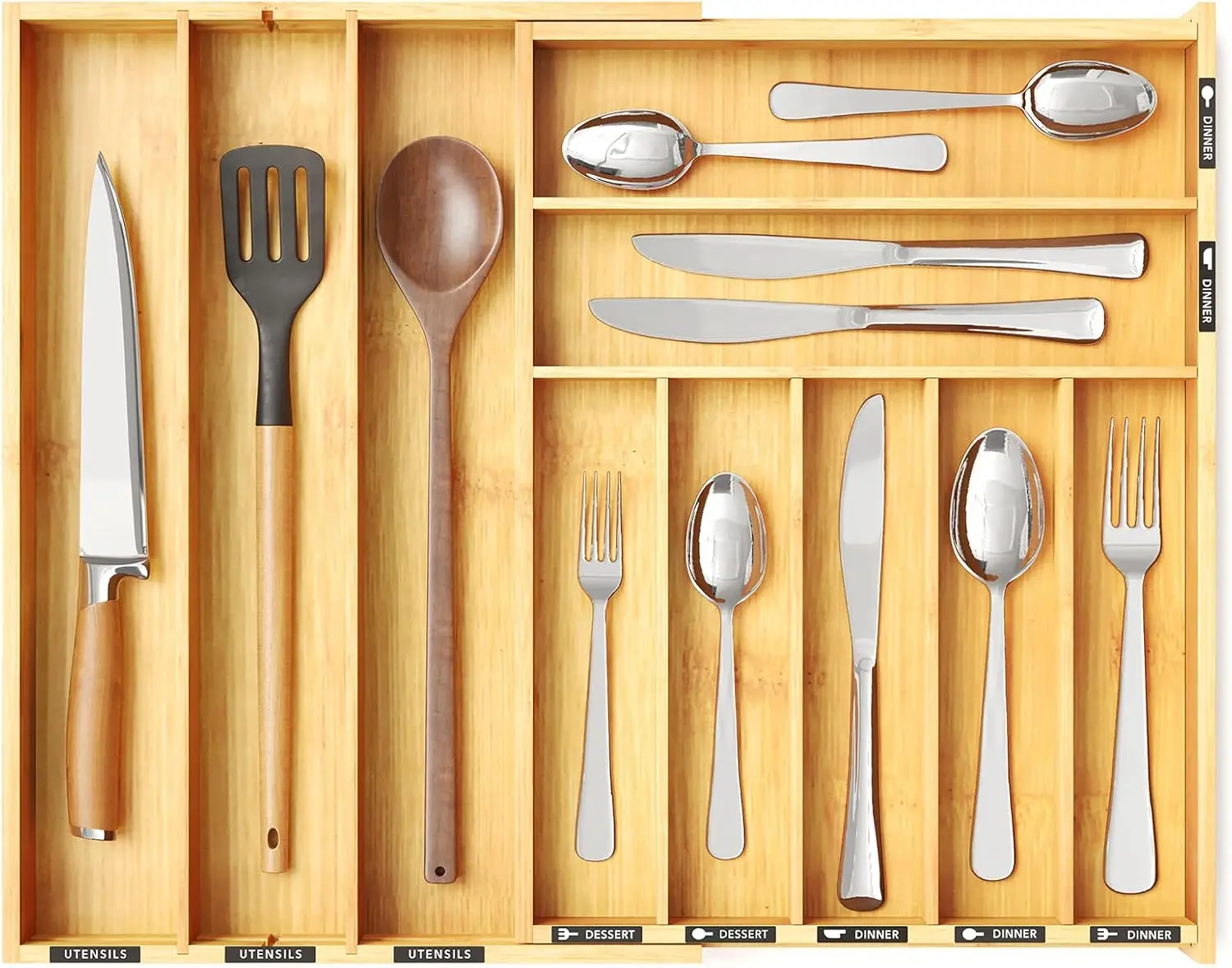 

Bamboo Silverware Drawer Organizer with Labels, Kitchen Utensil Expandable Tray Holder Organizer for