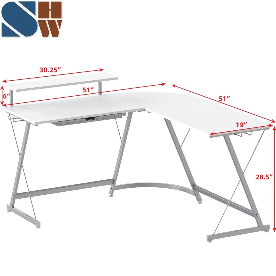 51 x 51 Inches Vista LShaped Desk with Monitor Stand and Drawer, White