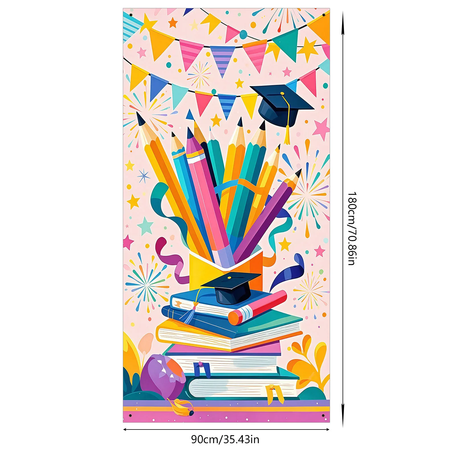 1PC Polyester Featuring A Graduation Season Campus Backdrop Design with Pencils Books Ribbons Banner for Classrooms Door Curtain