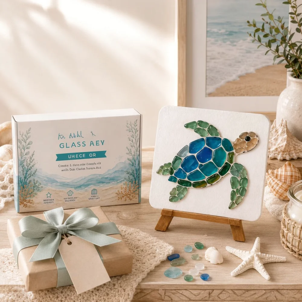 DIY Sea Glass Art Craft Set Handmade Ocean Creature Picture Making Kit Creative Wooden Wall Decoration Project Gift