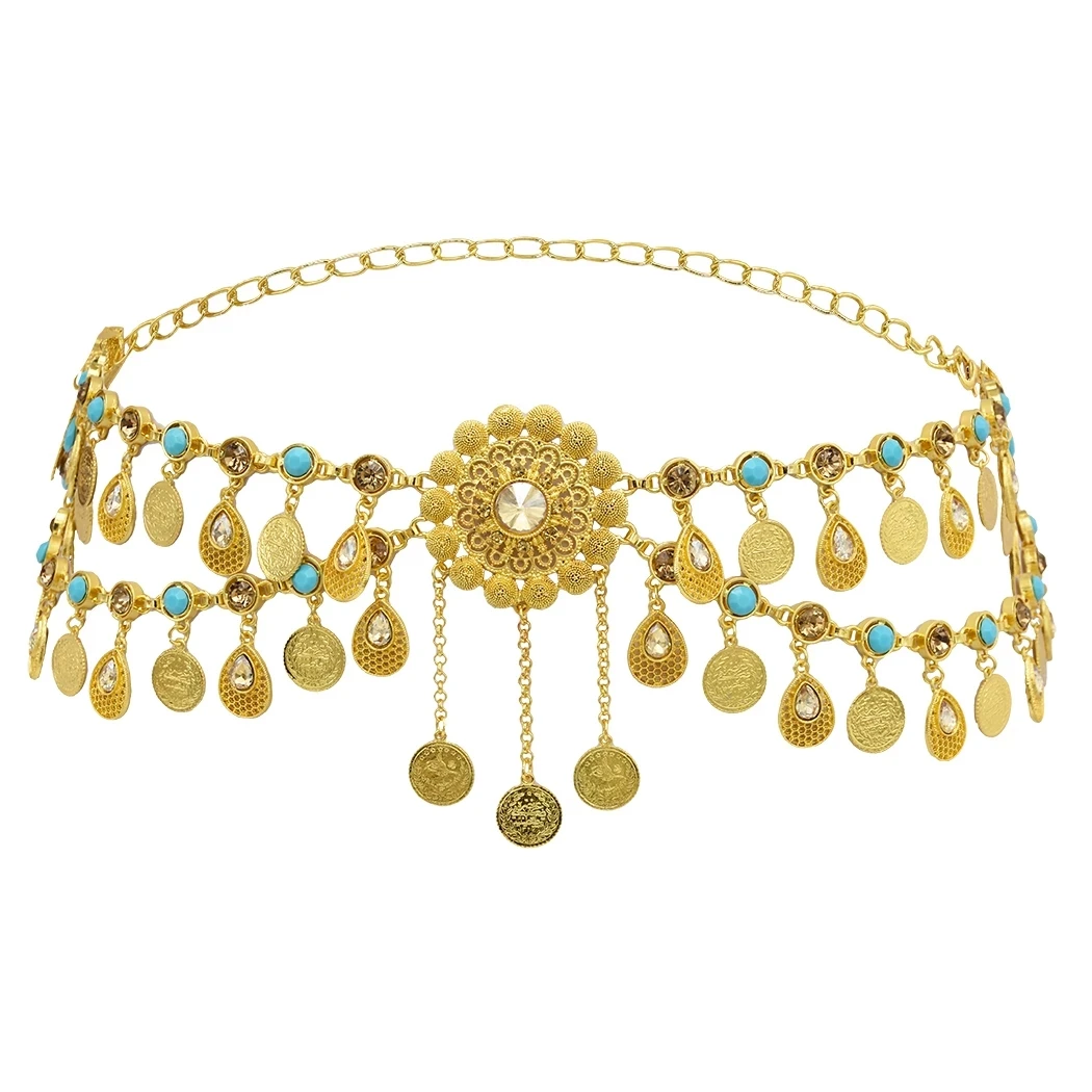 New Trendy Golden Crystal Flower Coins Waist Belly Chains Boho Beach Dance Party Belts Gypsy Afghan Ethnic Indian Body Jewelry