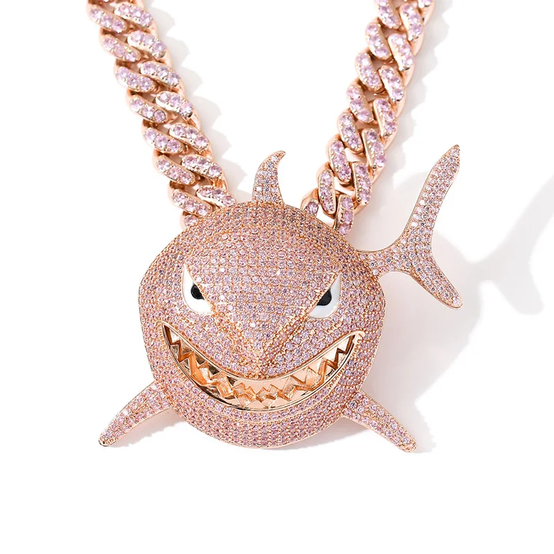 All Pink CZ Zircon Paved Bling Iced Out Big Shark Pendants Necklaces for Women Men Unisex Hip Hop Rapper Jewelry Drop Shipping