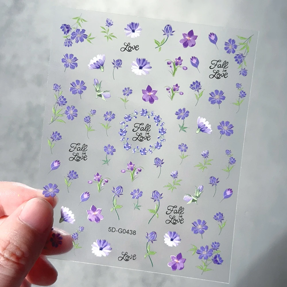 1 pièces 5D rêve violet feuille florale plante ongles autocollants printemps été fleurs sauvages vives ongles décalcomanies Style pastoral manucure décalcomanies