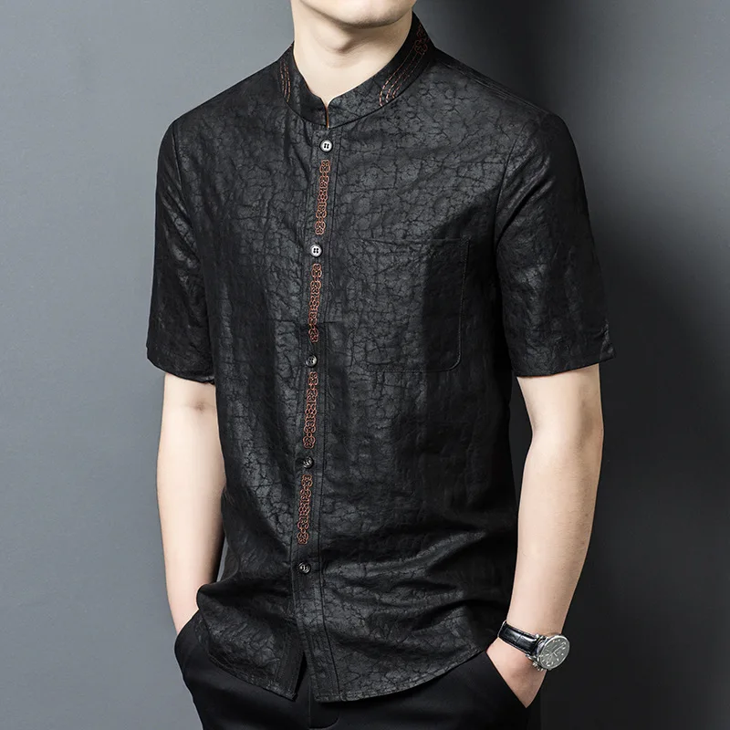 

High Quality Real Silk Yarn Suit Men's Middle-Aged and Elderly Loose Summer New Thin Type Comfortable Shirt Clothing