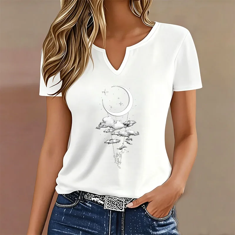 Fashion Y2k Moon Harajuku T-shirt V Neck Casual Printed T Shirts Women Short Sleeve Tee Shirt V-Neck Summer Tops