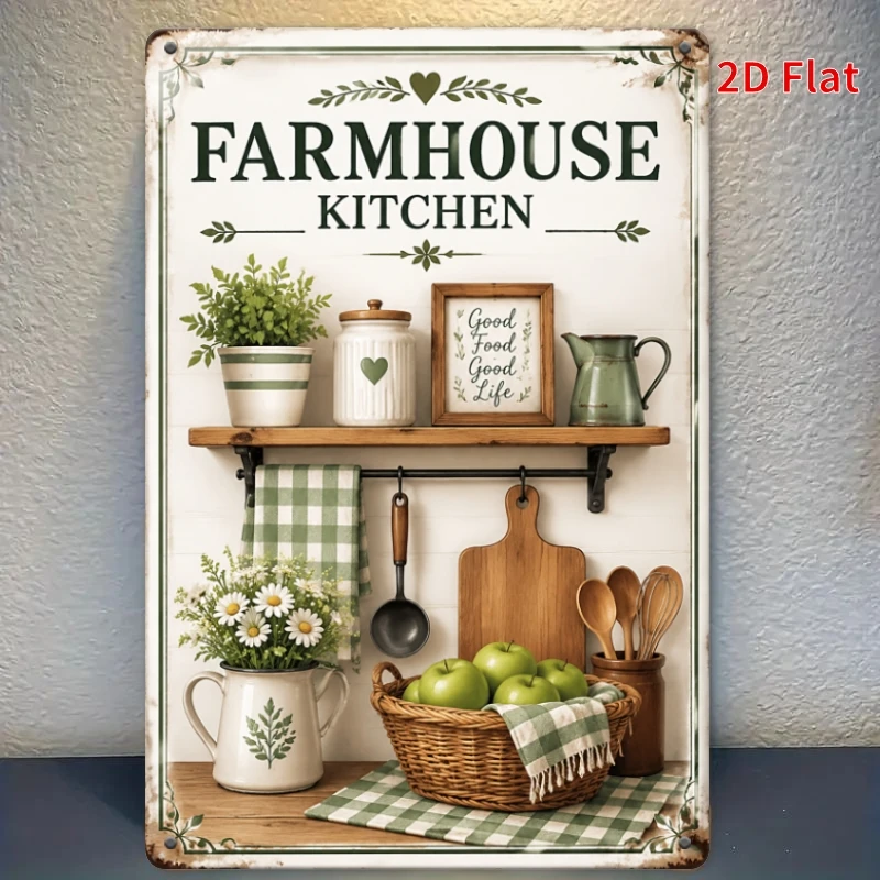 2D Flat - [2Dflat], 1pc 30X20Cm Farmhouse Kitchen Good Food Good Life Tin Sign, Green Gingham Apple Utensil Herb Jar Daisy Me