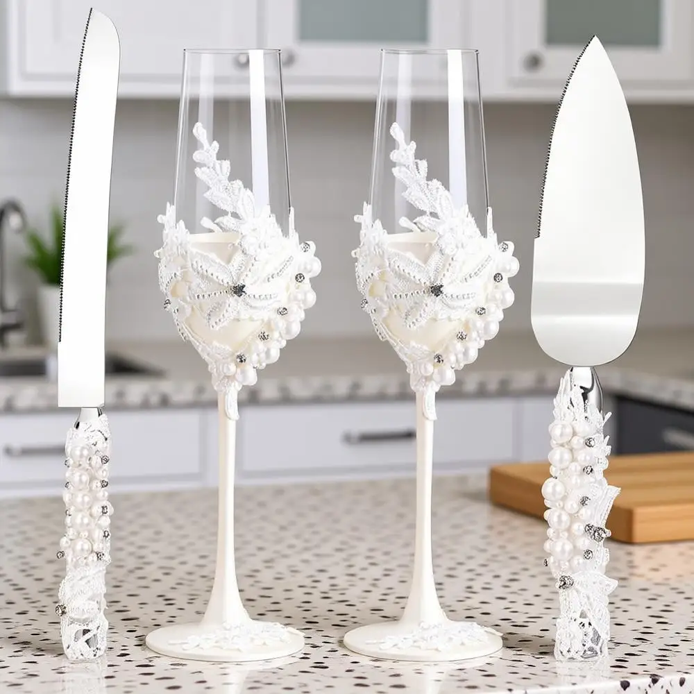 

Pearl Wedding Champagne Lutes and Cake Knie Server Set of 4, Champagne Lutes Toasting Glasses with Pearls or Bride and Groom Eng