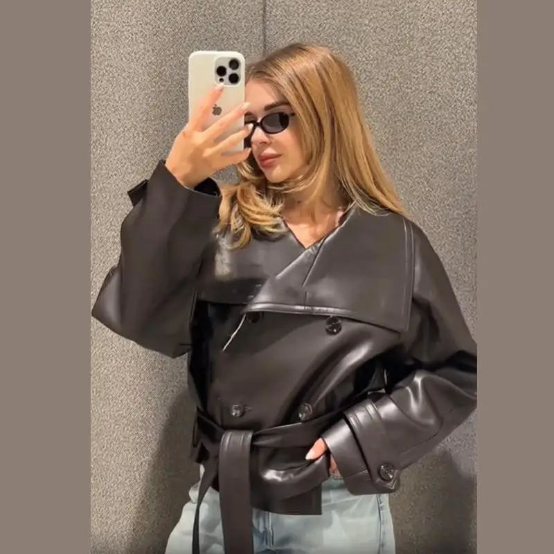 

Женская осенняя кожаная куртка с поясом, двубортная, модная, элегантная, с длинными рукавами, длиной до середины предплечья, подходит для женщин.