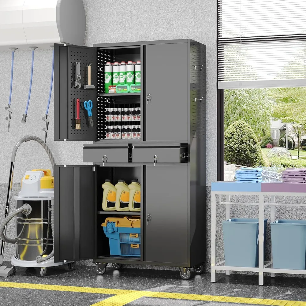 Estantes ajustables Gabinete de almacenamiento de garaje de metal con puertas cerraduras y gabinete de almacenamiento de herramientas rodante en 4 ruedas con 2 cajones