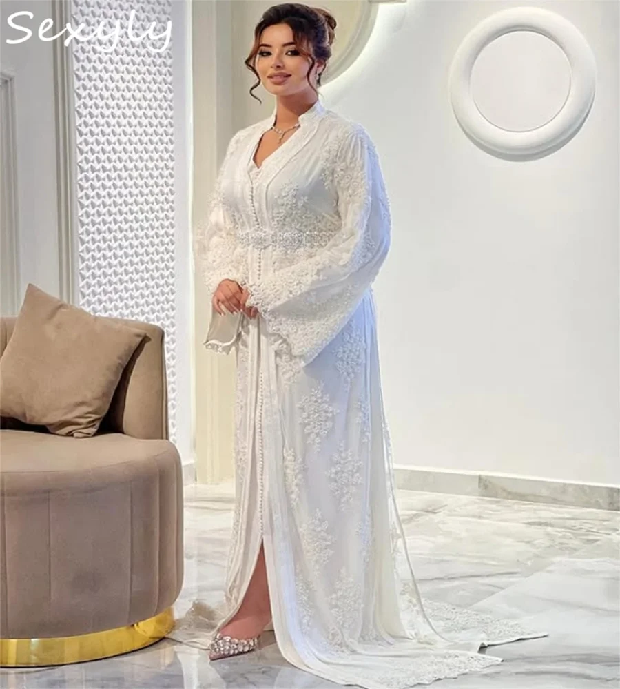 White Moroccan Turkish Wedding Dress Ramadan Kaftan Dubai Arabian Bride Dress Lace Long Sleeve Irish Viking  Bridal Customized